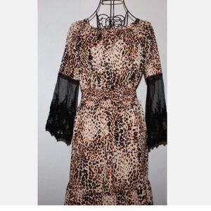 Goth Maxi Dress Tiered Animal Print Sheer Black Lace Long Sleeve Sz L Stretchy